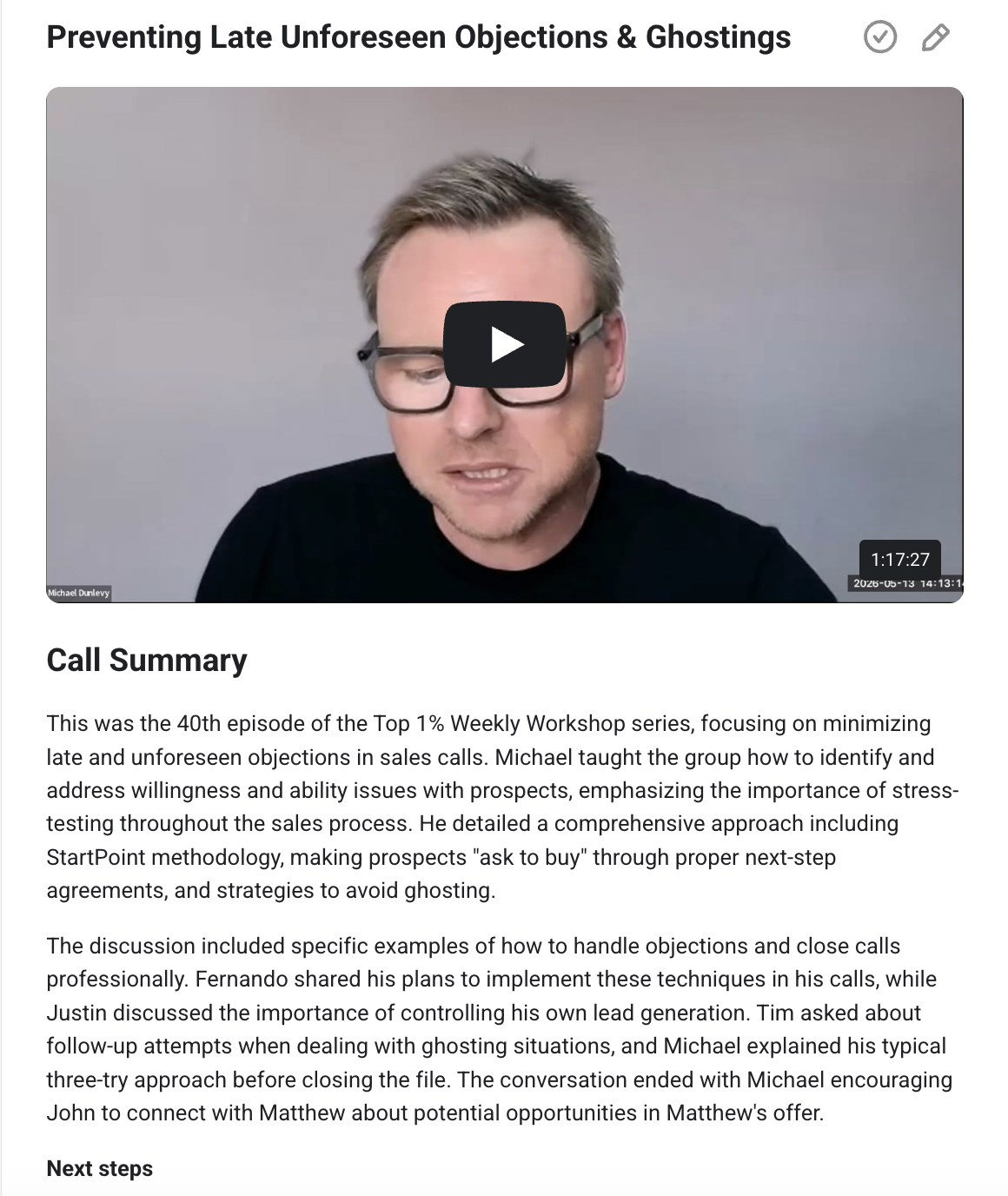 TSP coaching call recording - Preventing Late Unforeseen Objections and Ghostings, with call summary